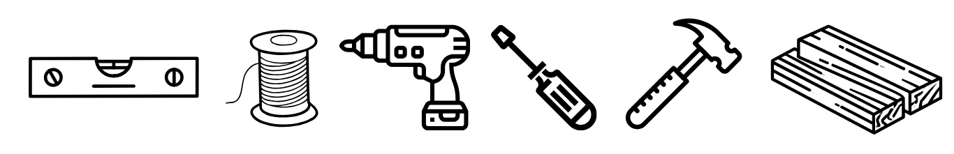 Zdjęcie poglądowe narzędzi: młotek, miarka, wiertarka, śrubokręt.